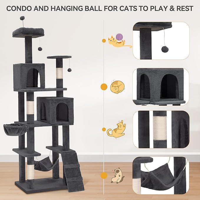 YITAHOME 75in Cat Tree Tower for Indoor Cats, Multi-Level Cat Furniture with Scratching Posts, Cat Caves, Padded Perch, Cozy Hammock, Ladder, and Plush Balls for Kittens, Pet Play House Dark Gray