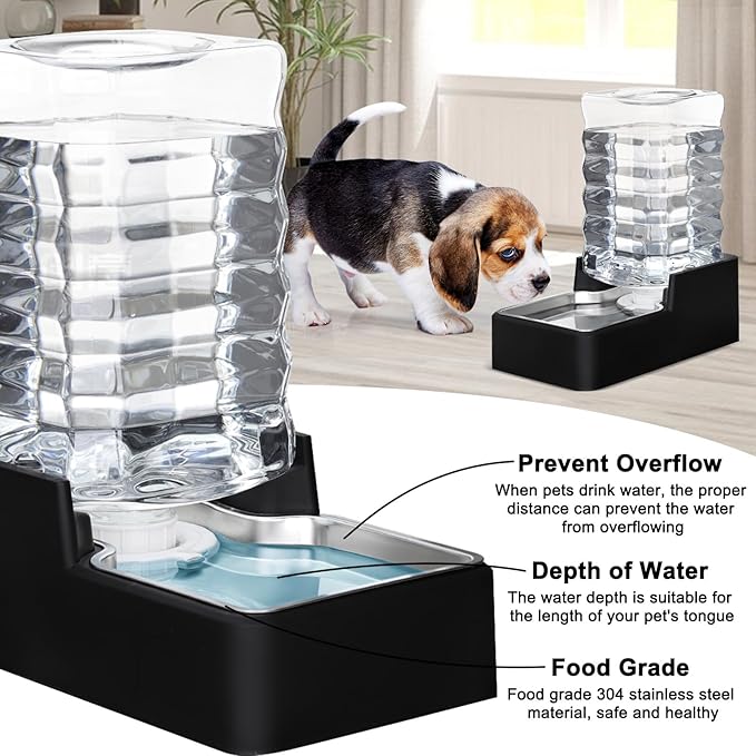 RIZZARI Stainless Steel Pet Water Feeder: 7L Automatic Leak-Proof Gravity Dispenser for Cats Dogs Indoor Outdoor Use（Black with Filter,7L）