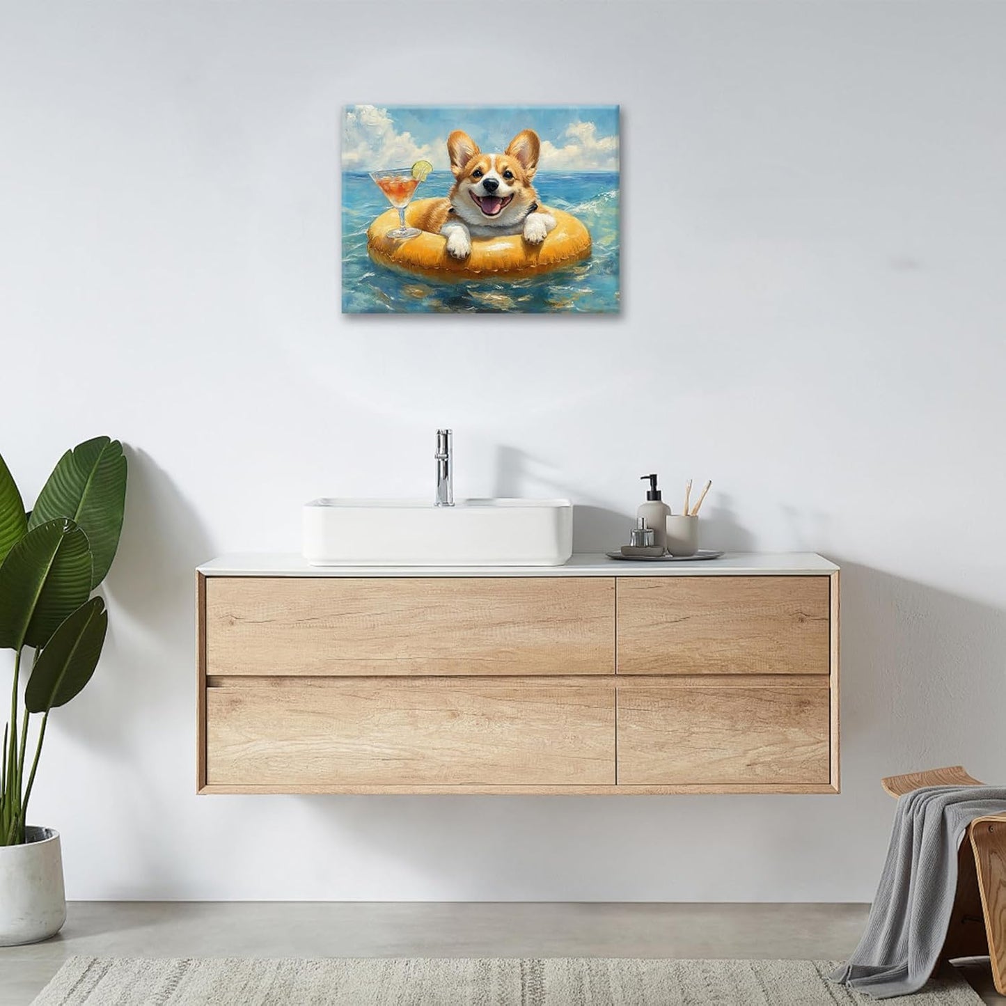 Ocean Funny Corgi Dog Pictures Wall Art, Bathroom Cute Dog Wall Decor Sea Coastal Framed Painting Beach Canvas Artwork for Bathroom Bedroom Living Room Decorations 20"L x 16"W