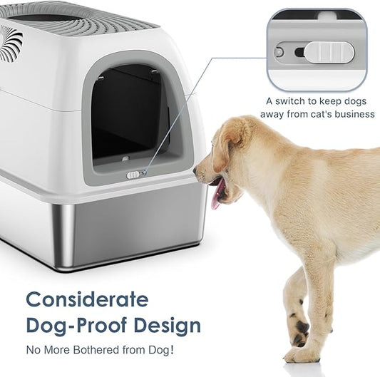 Stainless Steel Top Entry Litter Box with Dog-Proof, Hooded Stainless Steel Litter Box with Filter Lid & Scoop for Low Tracking, Enclosed Cat Litter Boxes for Anti-Leakage Metal Litter Pan