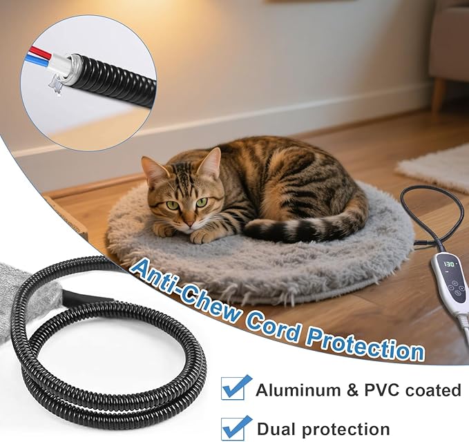 Cat Heating Pad, 16 in Round Pet Heating Pad,Cat Blankets for Indoor Cats Smart Temperature Control Switch Electric Steel Wire Protection Tube Plush Fabric Cover - Grey