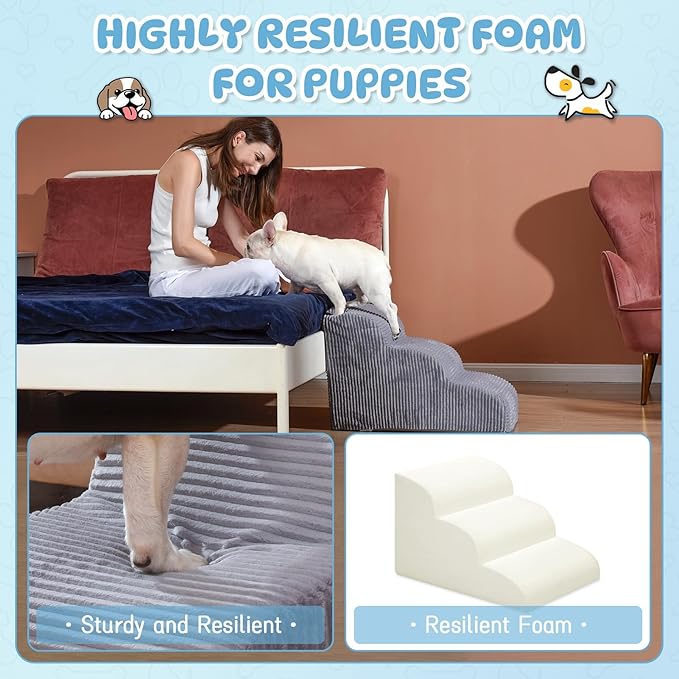 Dog Stairs Steps for High Bed: 3 Steps Pet Steps for Small Dogs and Cats Non-Slip Removable Washable Cover Ramp for Indoor Outdoor Car Couch Sofa(H: 16")