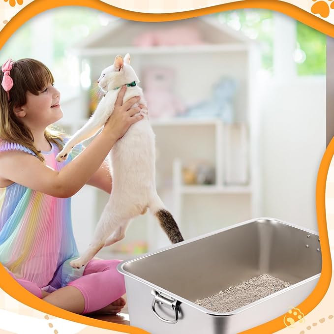 Lallisa 3 Set 201 Stainless Steel Cat Litter Box Set with Handle and Scooper (23.6" x 15.7" x 7.9") Large Nonstick Metal Litter Pan Box for Large Cats Nonstick Never Absorbs Odor