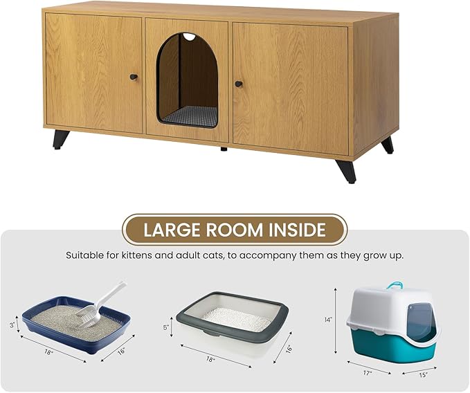 Cat Litter Box Enclosure for 2 Cats, Modern Hidden Litter Box Furniture with Double Room, Large Cat House Washroom Cabinet with Scratch Pad, 46.5" x 19.7" x 19.7" (Natural Oak)
