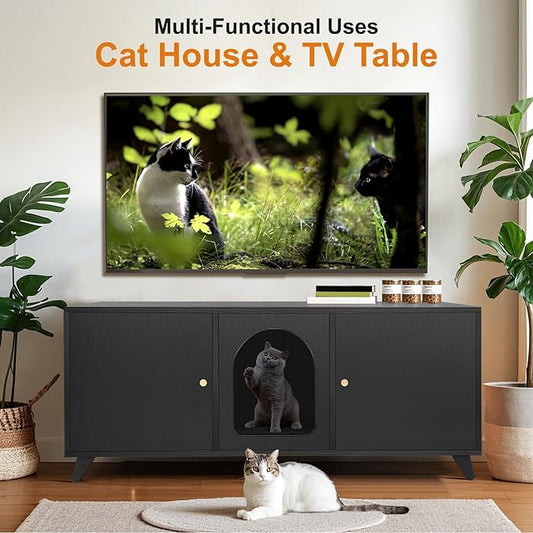 Cat Litter Box Enclosure for 2 Cats, Modern Hidden Litter Box Furniture with Double Room, Large Cat House Washroom Cabinet with Scratche Pad, 46.5" x 19.7" x 19.7" (Black)