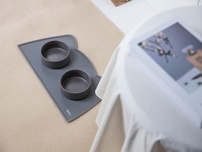 OHMO - Cat Food Mat, Silicone Pet Feeding Mat for Floor Non-Skid Waterproof Dog Water Bowl Tray, Easy to Clean Pet Placemat (Dark Grey, 18 * 9.8'')