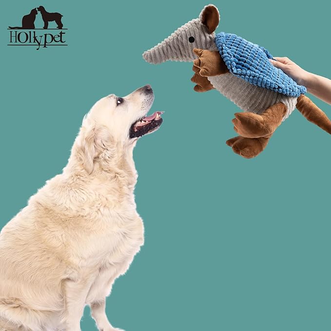 Hollypet Plush Dog Squeaky Toy Stuffed Armadillo Animal Pet Puppy Chew Toys with Clean Teeth for Small Medium Large All Breed Sizes Dogs, Blue, 10 in