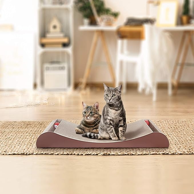 FluffyDream Cat Scratcher Cardboard, Scratching Pad House Bed Furniture Protector, Infinity Shape, Curved (Brown, Bone + Bell)