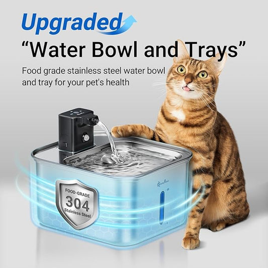DownyPaws Cat Water Fountain Stainless Steel Wireless, 101 oz/3L FurSink Cordless Cat Water Dispenser for Pets, Battery Operated Dog Drinking Fountain with Motion Sensor, Black with 6 Filters