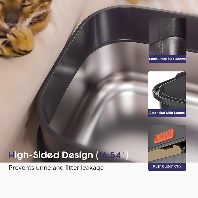 Odor Control XL Stainless Steel Litter Box，3-in-1 Enclosed High Side Cat Litter Box with High Lid for Cats，Non-Sticky，Anti-Leakage，Easy Clean，with Scoop & Filter Pedal（Gray-Blue）