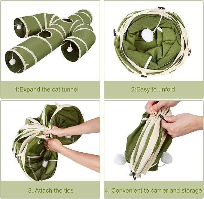 Ownpets Cat Tunnel Large 12 inch Diameter, Cactus-Shaped Cat Tunnel Toy, Sturdy Oxford Fabric Collapsible Cat Tunnels for Indoor Cats, Interactive Peek Hole Pet Tunnel Tube with Cat Wand Toy, Green