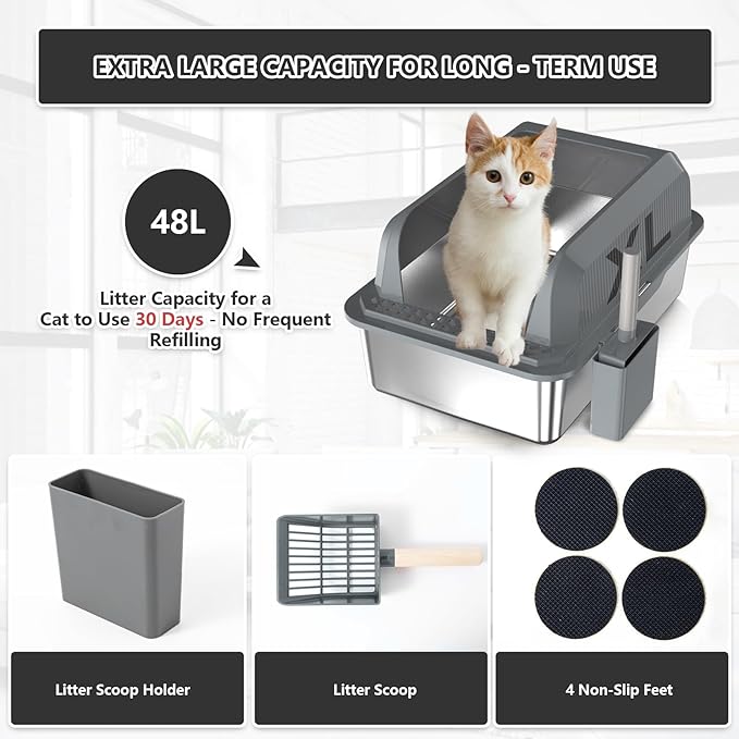 Stainless Steel Cat Litter Box with Lid Extra Large Metal Pan Tray with Enclosed High Sides for Big Cats Multi-Cat, XL Non-Stick Anti-Leakage Easy Cleaning Includes Scoop(Dark Grey)