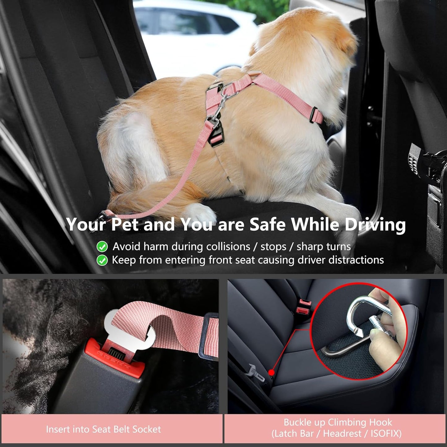 Dog Seat Belt, Safety Vest Dog Car Harness with Adjustable Buckle Dog Seat Belt for Vehicle Nylon Pet Safety Seat Belts Heavy Duty(L, Pink Daisy)