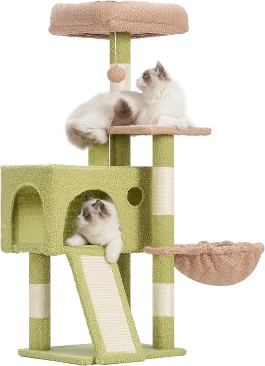 Cat Tree, 41.3" Cat Tower for Indoor Kittens with Scratching Board and Posts, Multi-Level Cozy Cat Condo with 2 Perches, Hammock, Balls, Green and Yellow GCT005SGY
