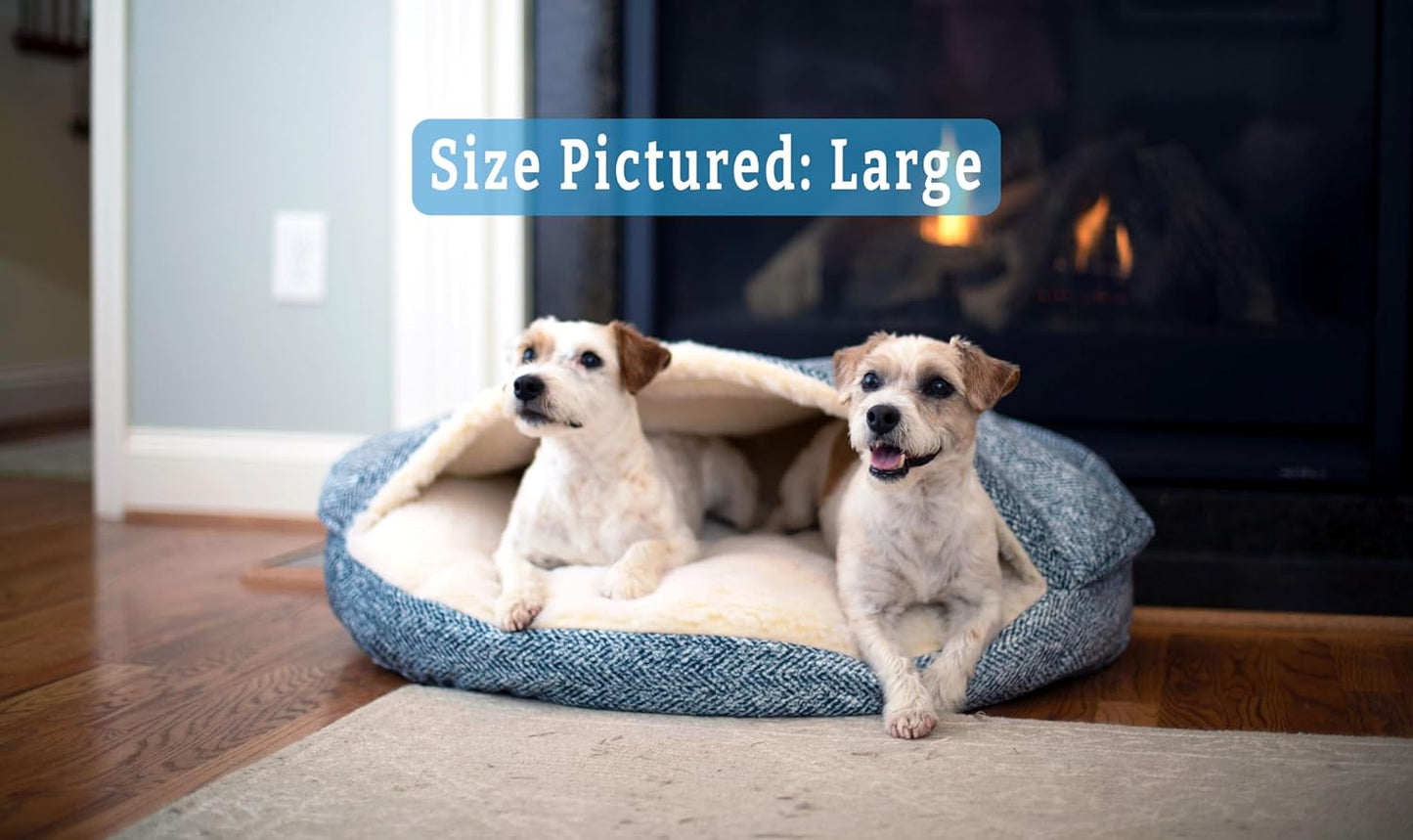 Snoozer Luxury Cozy Cave Dog Bed - Indoor Dog Bed with Cover Cave, Covered Calming Burrow for Small Sized Pets with Blanket Attached, Enclosed, Washable - Small, Palmer Indigo