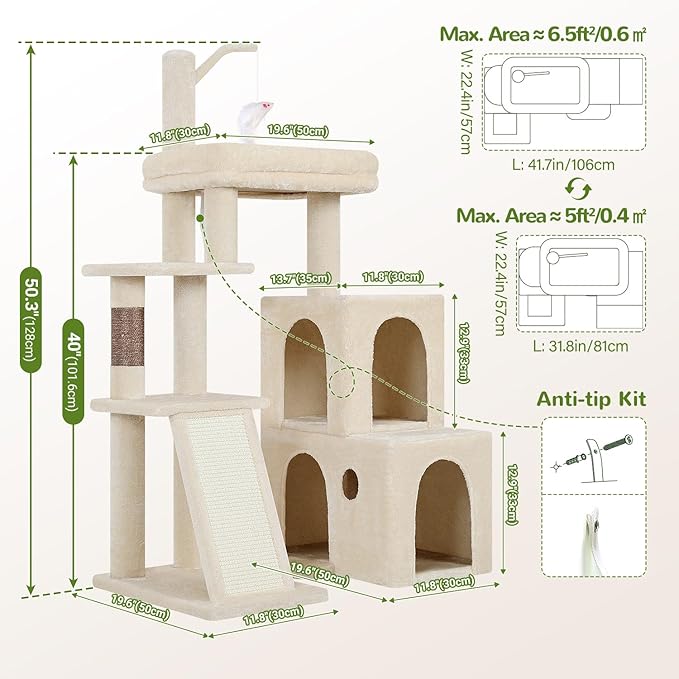 Globlazer F50 Cat Tower for Adult Indoor Cats, 50-inch Heavy Duty Cat Tree for Big Cats, Cat Tree House with Extra-Large Padded Platform, Sisal Scratching Board, 2 Large Condos, Beige