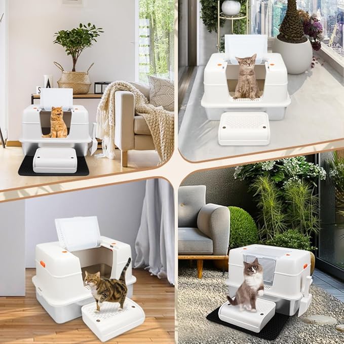 Vivifying Stainless Steel Litter Box with Lid, XL Side Entry Extra Large Litter Box for Big Cats & Kitty, Removable Enclosed Metal Cat Pan with High Sided Enclosure, Scoop, Mat, Footboard (Beige)