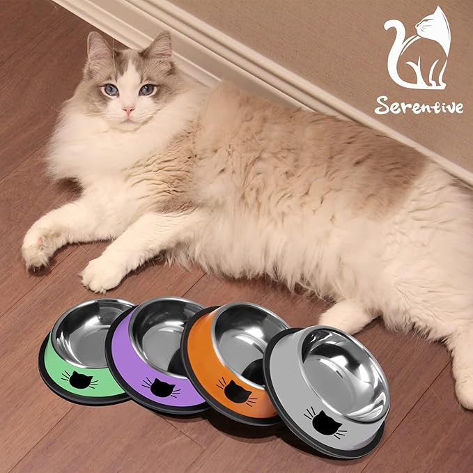 3Pcs Cat Bowls, Non-Slip Stainless Steel, 7 Oz, Suitable for Indoor Pets, Removable Rubber Base, Lovely Color