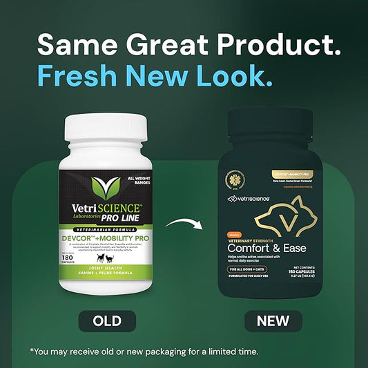 VETRISCIENCE Veterinary Strength Comfort & Ease Capsules - Mobility Supplement for Pets - Supports Aches from Normal Exercise - Joint Care for Dogs & Cats - 180 Count