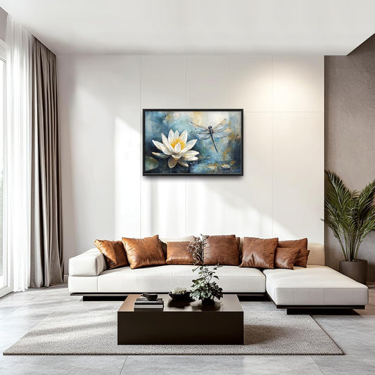 Extra Large Lotus Dragonfly Framed Wall Art for Living Room,Abstract Blue Lotus Flower Lake Pictures Wall Decor,Nature Canvas Print Painting Modern Artwork Bedroom Office Bathroom 36L" x 24W"