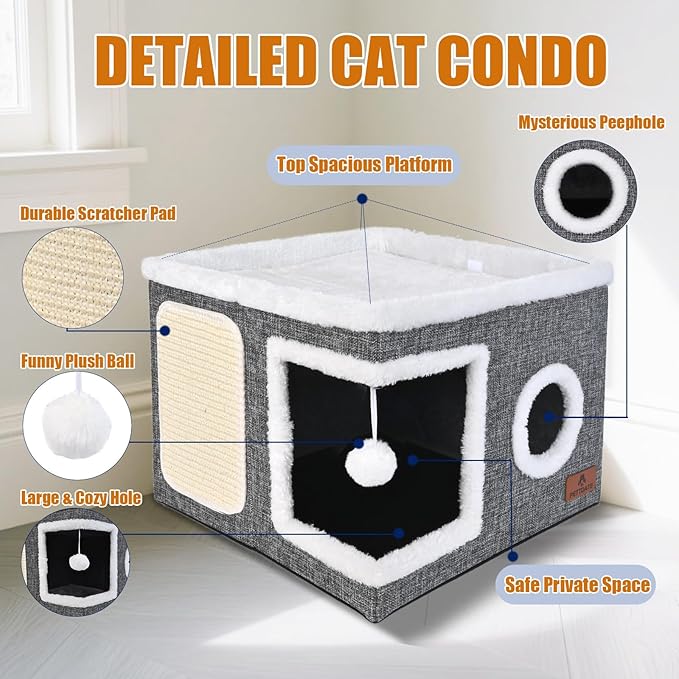 Cat Beds for Indoor Cats - Foldable Cat Hideaway with Hanging Fluffy Ball and Scratch Pad, Large Cat Bed Cave with Reversible Cushion for Multi Small Pet Kitten, Grey