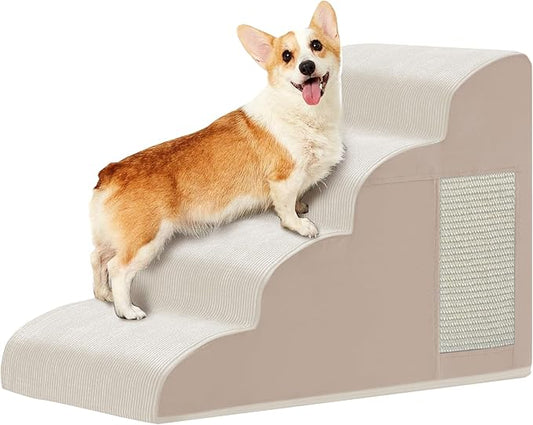 Dogs Steps for Bed, Dog Stairs for Small Dogs, 4-Step Dog Ramp for Bed, Couch, Sofa, and Chairs, Non-Slip Bottom Design, Cat Scratching, High Density Foam Portable Pet Step, Indoor, Beige