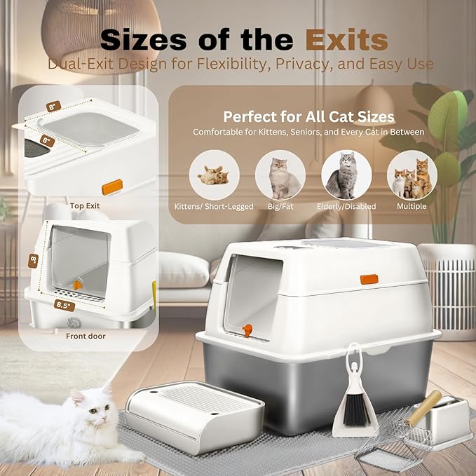 Fully Enclosed XXL Stainless Steel Litter Box with Lid, 8” Deep Pan, Large Stainless Steel Cat Litter Box for Big Cat with Scoop, Step Board, Mat, Brush, Odor-Free, Anti-Leak, Non-Stick (White)