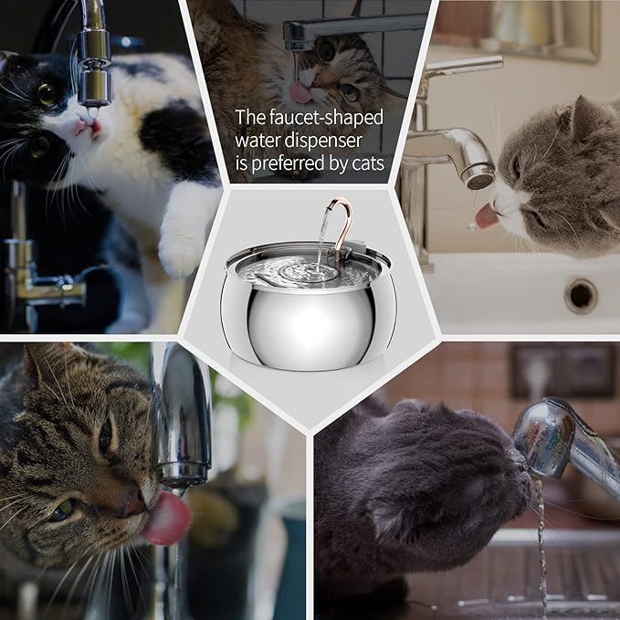 Tomxcute Cat Water Fountain - 4.0L/135oz Gooseneck Copper Faucet Design Cats Fountain for Drinking - Large Capacity Stainless Steel Cat Water Fountain - Comes with 3 Replacement Filters