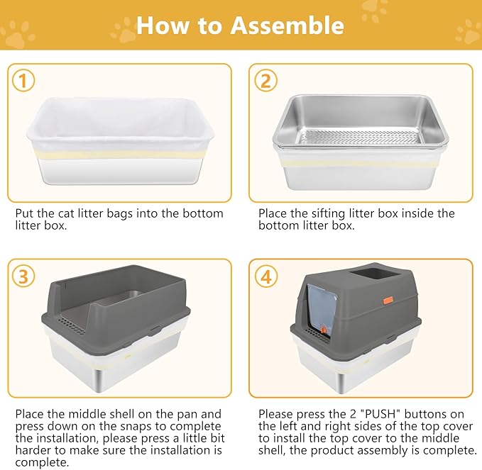 ELEGX Pine Litter Sifting Cat Litter Box, 4-in-1 Cat Metal Litter Box Set,Enclosed Removable Metal Litter Box with Screen Mesh,High Sided Enclosure,Mat & Scoop (Deep Grey)