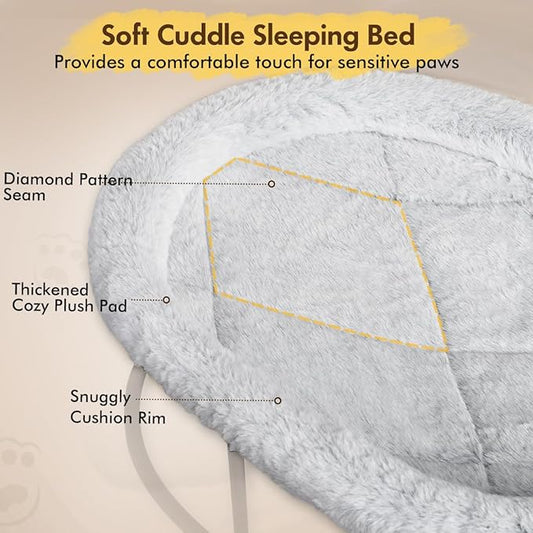 Elevated Cat Hammock Bed, Fluffy Warm Cuddle Bed with Detachable Pad, Raised Cuddler for Kittens, Small Dogs, Oval Grey