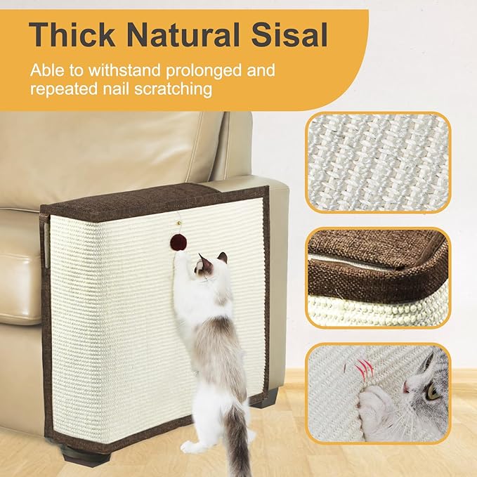 Upgraded Cat Scratch Furniture Protector,Cat Scratch Sofa Arm Sheild with 27.6’‘L*19.6’‘W Natural Sisal and Scratch Ball for Protecting Couch Sofa Chair Furniture (Brown/Left Handed)