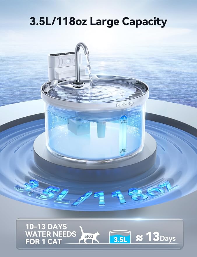 Wireless Cat Water Fountain [Water & Battery Separation] FEELNEEDY Automatic Pet Water Dispenser with Motion Sensor, 3.5L/118oz 4000mAh Battery Operated Water Fountains for Cats Dogs