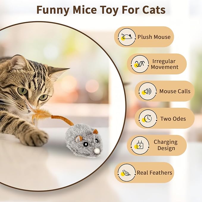 USB Rechargeable Electric Mouse Cat Toy with Squeaky Sound, Interactive Toys for Indoor Cats, Automatic Mice Kitty Toys with Realistic Chirping, Fun Exercise Hunting Plaything for Pets