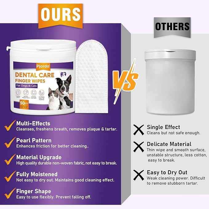 Teeth Cleaning Wipes for Dogs & Cats, Dental Care Finger Wipes, Remove Plaque, Tartar & Bad Breath, Disposable Gentle Cleaning & Gum Care Pet Wipes, No-Rinse Dog Finger Toothbrush, 50 Counts