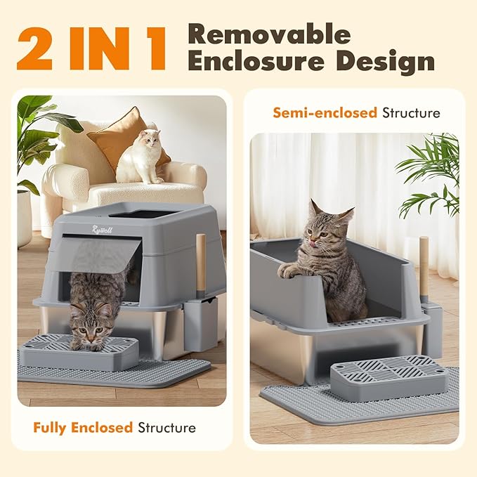 Rywell Stainless Steel Litter Box, Covered XL Extra Large Cat Litter Box Enclosure, Metal Kitty Litter Boxes with Lid, Litter Scoop, Filter Pedal and Litter Mat, Anti-Leakage, Non-Stick, Easy to Clean