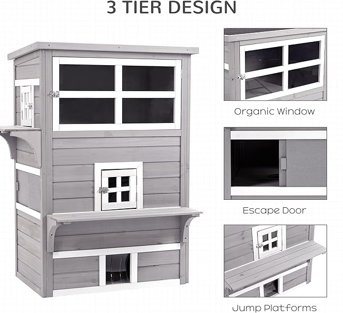 PawHut 3-Story Cat House Feral Cat Shelter, Outdoor Kitten Condo with Raised Floor, Asphalt Roof, Escape Doors, Jumping Platforms, Gray
