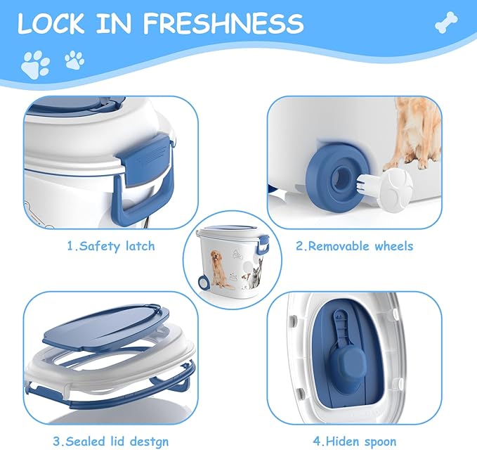 Pet Food Storage Container with Scoop & Slow Feeder Bowl – 40LB Large Capacity Dog Cat Food Dispenser, Durable Resin Dry Kibble Keep Food Fresh Organizer for Dogs Cats Birds, Blue