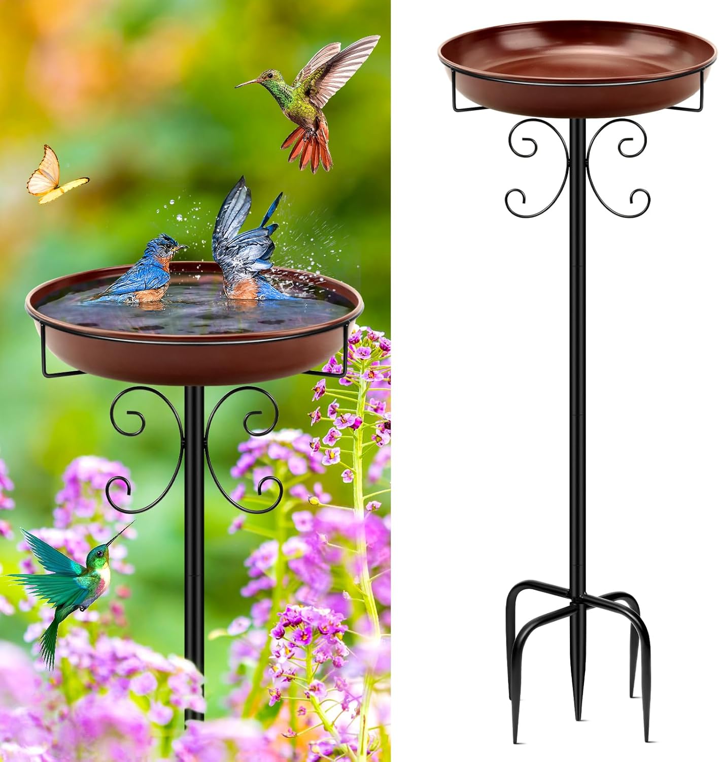 Daoeny Heavy Duty Bird Baths for Outdoors, 35In Outdoor Freestanding Birdbaths & Birdfeeder, Bird Bath Feeder Bowl with Metal Stake Garden Patio Yard Lawn Decor, Upgraded 5-Pronged Base (Brown)