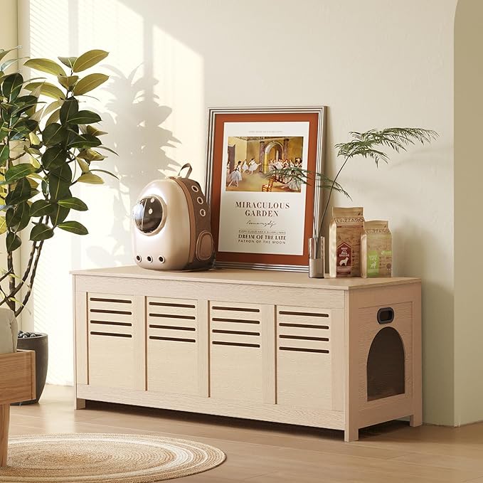 DINZI LVJ Litter Box Enclosure Furniture for 2 Cats, Flip Top Opening Hidden Litter Box with Double Rooms, Dual Pet House with Good Ventilation, 47.2" Wooden Cat Washroom, Easy Assembly, Natural