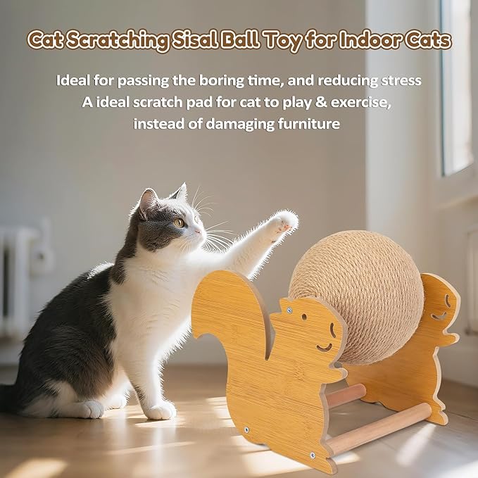 Outamateur Cat Scratching Ball Toy, Sisal Scratching Ball with Cute Stable Stand, Interactive Play and Exercise Toy for Kittens, Cats, Small Pets (Squirrel)