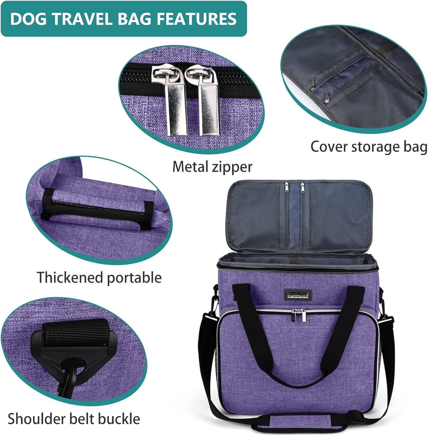 BAGLHER Dog Travel Bag, Pet Travel Bag (ALL Pet Travel Supplies), With 2 Pet Food Containers and 2 Collapsible Silicone Bowls; Essential Kits for Pet Travel Purple
