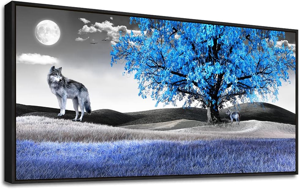 Framed Canvas Wall Art For Living Room Family Wall Decorations For Bedroom Modern Office Wall Decor Paintings Blue Tree Landscape Pictures Artwork Canvas Art Prints Home Decor Black Frame 20" X 40"
