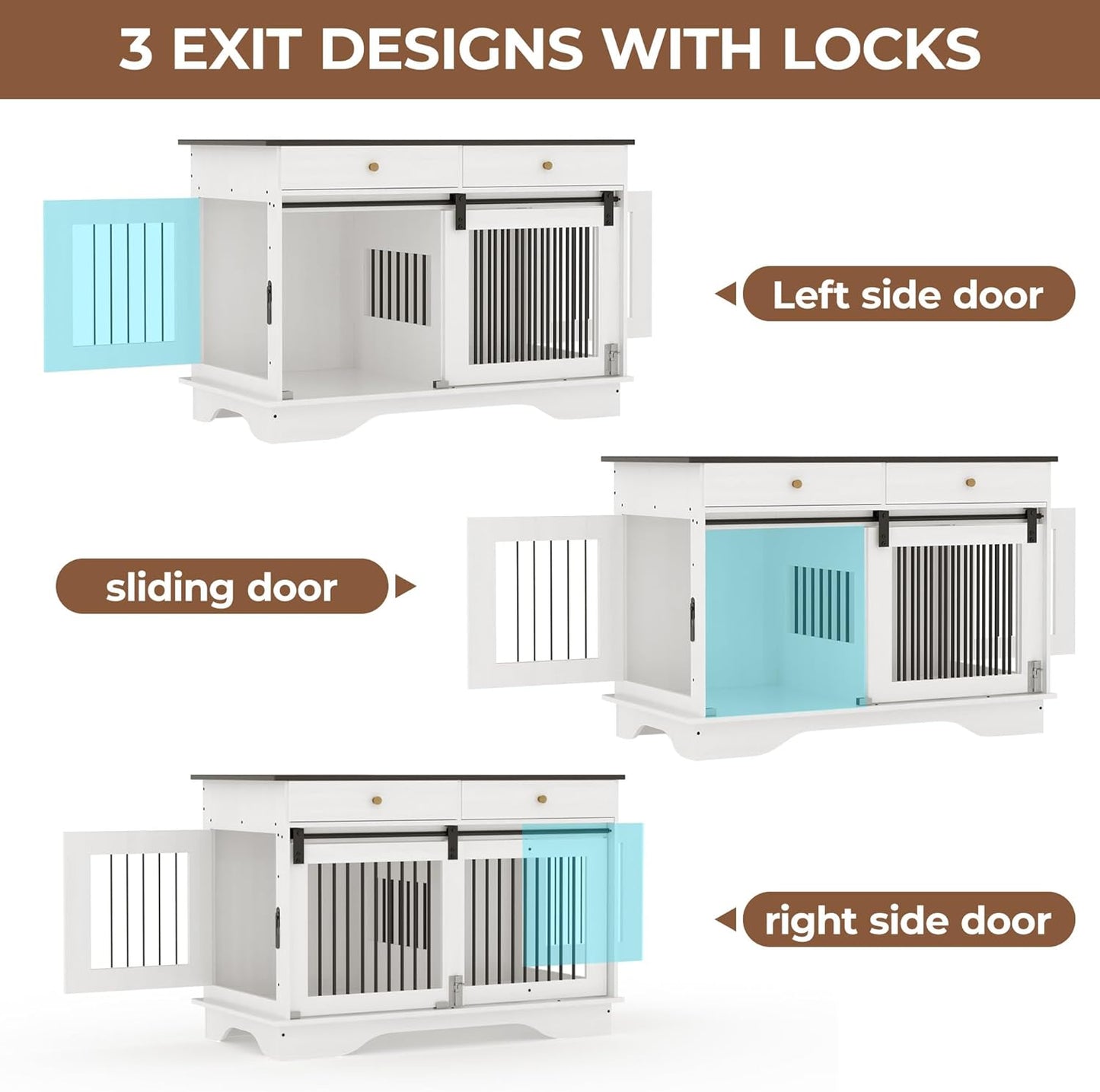 Dog Furniture Crate, 47" Large Dog Crate Furniture w/ 2 Storage Draws & Removable Divider for Large/Medium/Small Dogs (White, Double Cage)