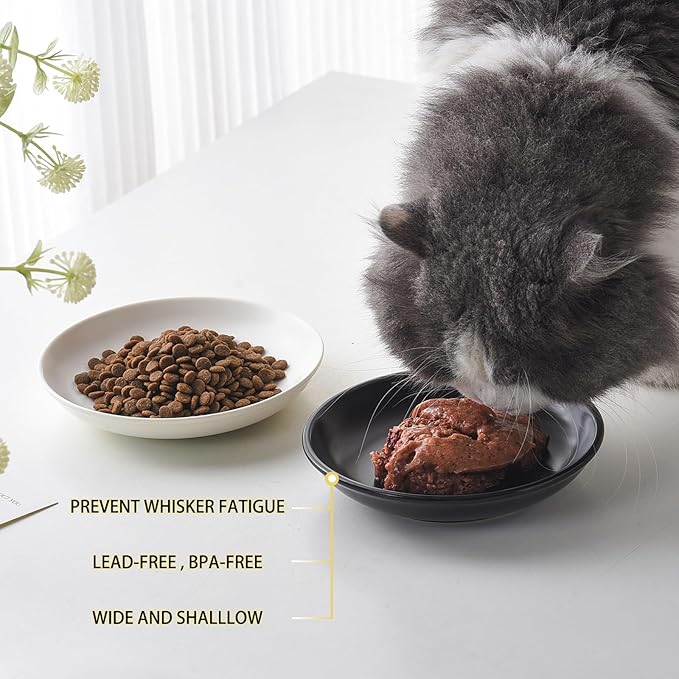 Ceramic Cat Food Bowl Set - 4 Pack Healthy Wide Shallow Cat Dishes Cat Plates for Food and Water, Anti Whisker Fatigue Cat Feeding Bowls for Pet Puppy Kittens, Dishwasher Microwave Safe, 5.8 In, Black