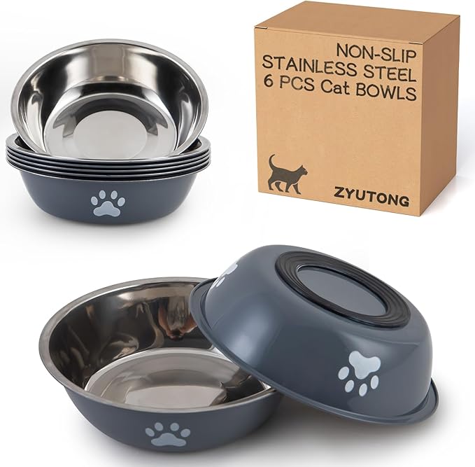 6 PCS Stainless Steel Cat Bowls, Non-Slip Stainless Cat Food Bowl Metal Cats Dishes Whisker Fatigue Kitten Plates Shallow Wide Kitten Bowls, 5.5” Whisker Friendly Food Dish (Grey 6 PCS)