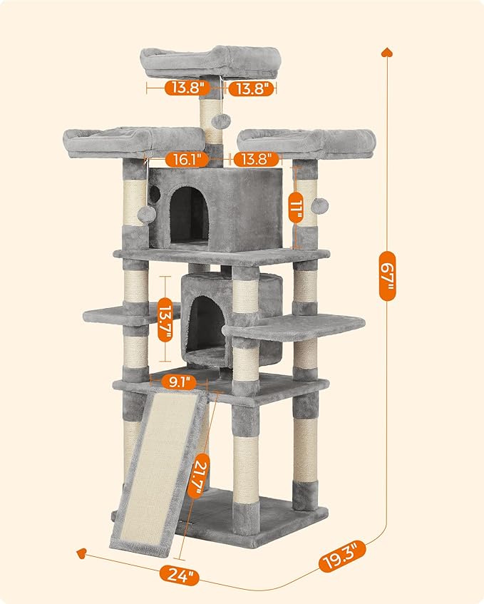Feandrea 67 Inches Multi-Level Cat Tree for Large Cats, with Cozy Perches, Stable, Light Gray UPCT18W