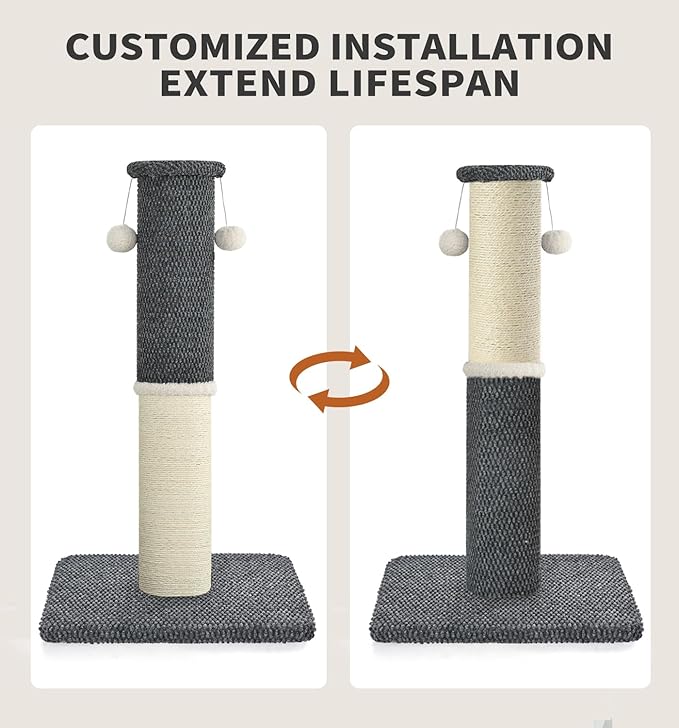 Made4Pets Tall Cat Scratching Post, Heavy Duty and Thicker Scratching Posts for Indoor Cats Adults, 23.6" Natural Sisal Cat Scratcher with Hanging Balls, Sturdy Base Cat Scratch Post, Dark Grey