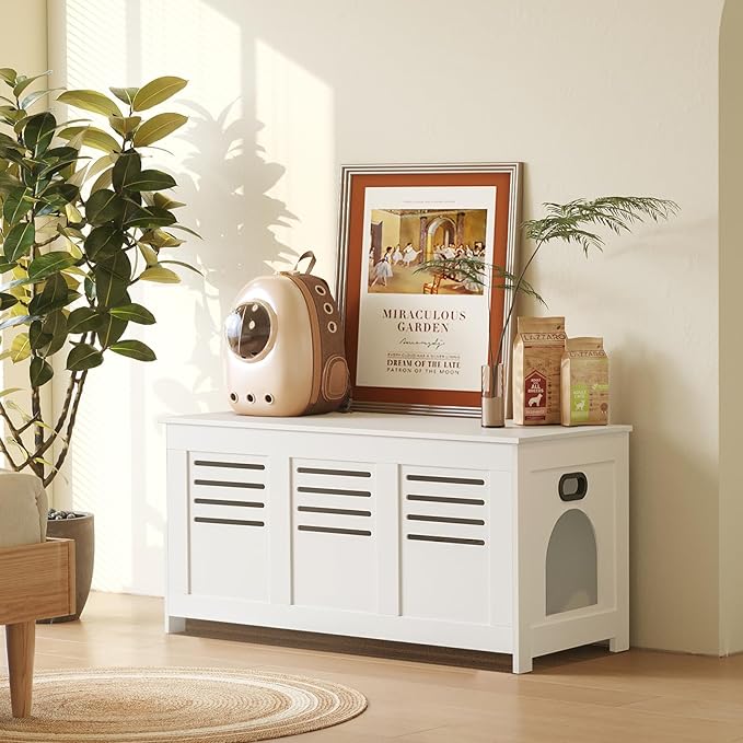 DINZI LVJ Litter Box Enclosure, Flip Top Litter Box Furniture, Hidden Cat Washroom, Wooden Cat House, End Table, 39.4" L x 19.7" W x 19.7" H, Good Ventilation, Easy to Assemble, White