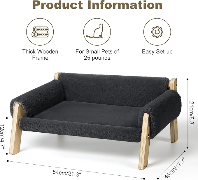 Elevated Cat Couch Bed for Indoor Cats - Wooden Pet Sofa with Removable Washable Thick Cover Raised Kitty Lounge Chair Suitable for Puppy or Small Animals(Cat Sofa Dark-Grey)
