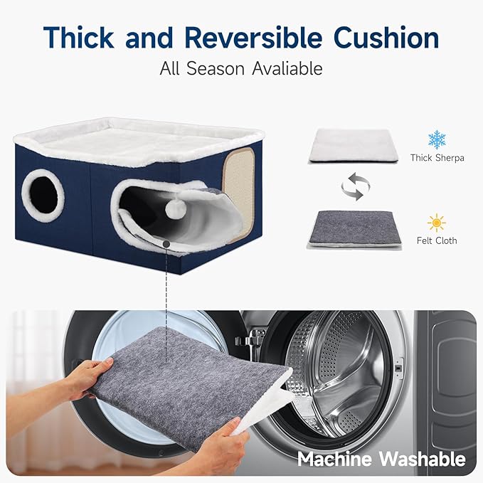 Cat Beds for Indoor Cats, Extra Wide Cat Cube House for Multi Cats, Foldable Cat Cave Hideaway with Arc-Edge Design & Oval Door, Double-Side Soft Cushion for All Seasons, 24"L x 17.7"D x 12.6"H, Blue